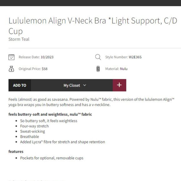 Lululemon Align V-Neck Bra *Light Support, C/D Cup Storm Teal sz 10 NWT - Picture 11 of 11